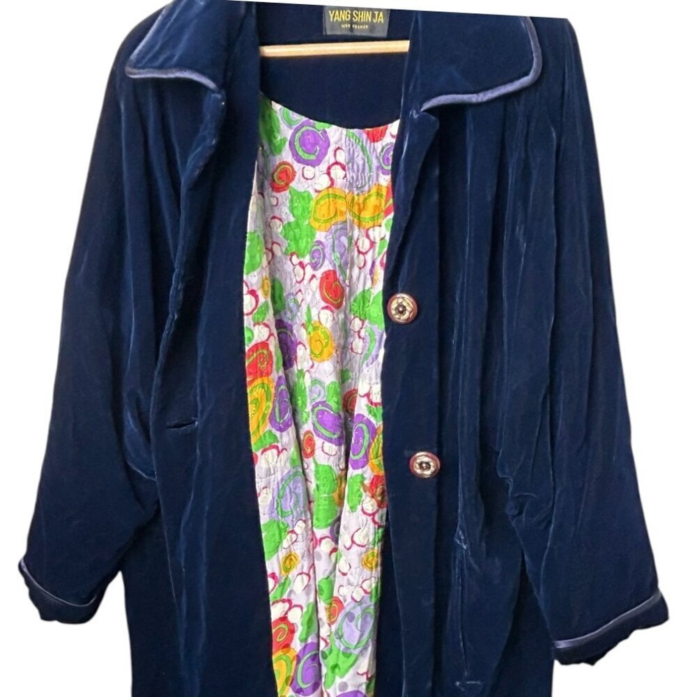 YANG SHIN JA Korean High Fashion Long Sapphire‎ Blue Velvet Coat | Sz M-L